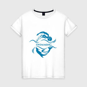 Женская футболка хлопок с принтом Плавание в Екатеринбурге, 100% хлопок | прямой крой, круглый вырез горловины, длина до линии бедер, слегка спущенное плечо | Тематика изображения на принте: бассейн | вода | волна | дельфин | плавание | пловец