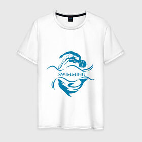 Мужская футболка хлопок с принтом Плавание в Екатеринбурге, 100% хлопок | прямой крой, круглый вырез горловины, длина до линии бедер, слегка спущенное плечо. | бассейн | вода | волна | дельфин | плавание | пловец
