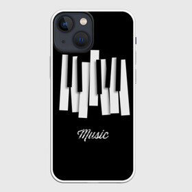 Чехол для iPhone 13 mini с принтом Клавиатура в Екатеринбурге,  |  | abstraction | black and white | font | inscription | keyboard | keys | music | piano | абстракция | клавиатура | клавиши | музыка | надпись | пианино | черно белый | шрифт