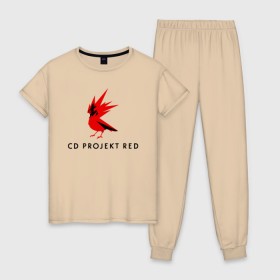 Женская пижама хлопок с принтом CD RPOJECT RED в Екатеринбурге, 100% хлопок | брюки и футболка прямого кроя, без карманов, на брюках мягкая резинка на поясе и по низу штанин | 2019 | cd project red | cyberpunk 2077 | future | hack | night city | samurai | sci fi | андроиды | безумие | будущее | киберпанк 2077 | логотип | роботы | самураи | фантастика | цифры