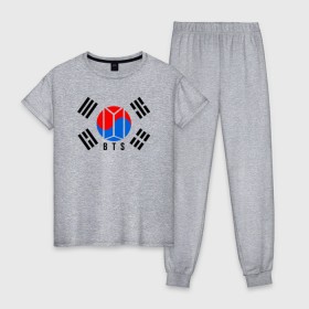 Женская пижама хлопок с принтом BTS KOREA в Екатеринбурге, 100% хлопок | брюки и футболка прямого кроя, без карманов, на брюках мягкая резинка на поясе и по низу штанин | bangtan boys | bt21 | bts | bts army | bts stickers | j hope | jimin | jin | jungkook | k pop | korea | rap monster | rapmon | suga | v | бтс | корея | стикеры bts
