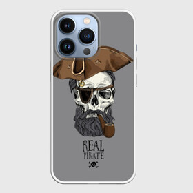 Чехол для iPhone 13 Pro с принтом Real pirate в Екатеринбурге,  |  | beard | bones | crossed | drawing | font | funny | graphics | hat | inscription | mustache | one eyed | pipe | pirate | real | roger | skull | smoking | борода | весёлый | графика | кости | кури | надпись | одноглазый | перекрещенные | пират | реальный | 