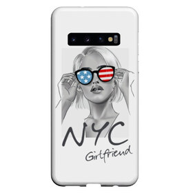 Чехол для Samsung Galaxy S10 с принтом NYC girlfriend в Екатеринбурге, Силикон | Область печати: задняя сторона чехла, без боковых панелей | Тематика изображения на принте: beautiful | blonde | city | flag | girl | girlfriend | new york | reflection | stars | stripes | usa | блондинка | город | девушка | звезды | красивая | нью йорк | отражение | очки | подруга | полосы | сша | флаг