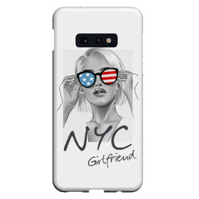 Чехол для Samsung S10E с принтом NYC girlfriend в Екатеринбурге, Силикон | Область печати: задняя сторона чехла, без боковых панелей | beautiful | blonde | city | flag | girl | girlfriend | new york | reflection | stars | stripes | usa | блондинка | город | девушка | звезды | красивая | нью йорк | отражение | очки | подруга | полосы | сша | флаг