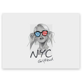 Поздравительная открытка с принтом NYC girlfriend в Екатеринбурге, 100% бумага | плотность бумаги 280 г/м2, матовая, на обратной стороне линовка и место для марки
 | beautiful | blonde | city | flag | girl | girlfriend | new york | reflection | stars | stripes | usa | блондинка | город | девушка | звезды | красивая | нью йорк | отражение | очки | подруга | полосы | сша | флаг