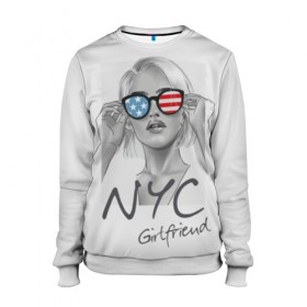Женский свитшот 3D с принтом NYC girlfriend в Екатеринбурге, 100% полиэстер с мягким внутренним слоем | круглый вырез горловины, мягкая резинка на манжетах и поясе, свободная посадка по фигуре | beautiful | blonde | city | flag | girl | girlfriend | new york | reflection | stars | stripes | usa | блондинка | город | девушка | звезды | красивая | нью йорк | отражение | очки | подруга | полосы | сша | флаг