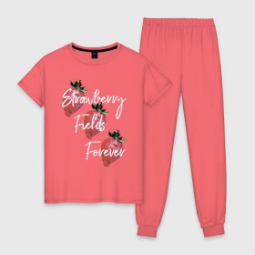 Женская пижама хлопок с принтом Strawberry Fields в Екатеринбурге, 100% хлопок | брюки и футболка прямого кроя, без карманов, на брюках мягкая резинка на поясе и по низу штанин | beatles | forever | strawberry | the beatles | битлз | джон леннон | леннон | форевер | ягода