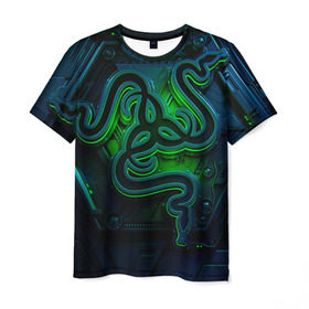 Мужская футболка 3D с принтом RAZER в Екатеринбурге, 100% полиэфир | прямой крой, круглый вырез горловины, длина до линии бедер | game | razer | texture | зеленый | игровое лого | игромания | игры | рэйзер | текстуры