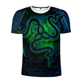 Мужская футболка 3D спортивная с принтом RAZER в Екатеринбурге, 100% полиэстер с улучшенными характеристиками | приталенный силуэт, круглая горловина, широкие плечи, сужается к линии бедра | game | razer | texture | зеленый | игровое лого | игромания | игры | рэйзер | текстуры