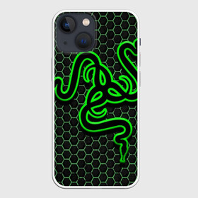 Чехол для iPhone 13 mini с принтом RAZER в Екатеринбурге,  |  | game | razer | texture | зеленый | игровое лого | игромания | игры | рэйзер | текстуры