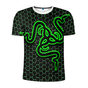 Мужская футболка 3D спортивная с принтом RAZER в Екатеринбурге, 100% полиэстер с улучшенными характеристиками | приталенный силуэт, круглая горловина, широкие плечи, сужается к линии бедра | game | razer | texture | зеленый | игровое лого | игромания | игры | рэйзер | текстуры