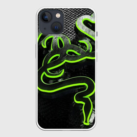 Чехол для iPhone 13 с принтом RAZER в Екатеринбурге,  |  | game | razer | texture | зеленый | игровое лого | игромания | игры | рэйзер | текстуры