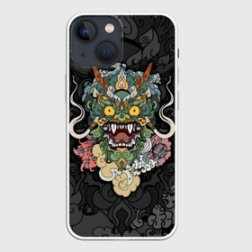 Чехол для iPhone 13 mini с принтом Дракон в Екатеринбурге,  |  | character | dragon | east | eyes | fangs | horns | japan | japanese | legend | mask | mythological | pattern | yellow | восток | глаза | дракон | желтые | клыки | легенда | маска | мифологический | персонаж | рога | узор | япония | японский