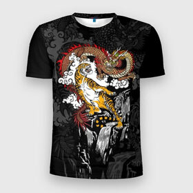 Мужская футболка 3D спортивная с принтом Тигр и дракон в Екатеринбурге, 100% полиэстер с улучшенными характеристиками | приталенный силуэт, круглая горловина, широкие плечи, сужается к линии бедра | animals | clouds | country | dragon | east | fangs | japanese | mythical | nature | predator | rising | sun | tiger | восток | восходящего | дракон | животные | клыки | мифический | облака | природа | солнца | страна | тигр | хищник | японский