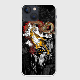 Чехол для iPhone 13 mini с принтом Тигр и дракон в Екатеринбурге,  |  | animals | clouds | country | dragon | east | fangs | japanese | mythical | nature | predator | rising | sun | tiger | восток | восходящего | дракон | животные | клыки | мифический | облака | природа | солнца | страна | тигр | хищник | японский