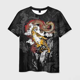 Мужская футболка 3D с принтом Тигр и дракон в Екатеринбурге, 100% полиэфир | прямой крой, круглый вырез горловины, длина до линии бедер | animals | clouds | country | dragon | east | fangs | japanese | mythical | nature | predator | rising | sun | tiger | восток | восходящего | дракон | животные | клыки | мифический | облака | природа | солнца | страна | тигр | хищник | японский