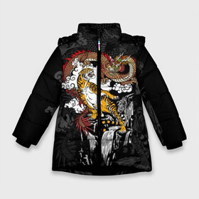 Зимняя куртка для девочек 3D с принтом Тигр и дракон в Екатеринбурге, ткань верха — 100% полиэстер; подклад — 100% полиэстер, утеплитель — 100% полиэстер. | длина ниже бедра, удлиненная спинка, воротник стойка и отстегивающийся капюшон. Есть боковые карманы с листочкой на кнопках, утяжки по низу изделия и внутренний карман на молнии. 

Предусмотрены светоотражающий принт на спинке, радужный светоотражающий элемент на пуллере молнии и на резинке для утяжки. | animals | clouds | country | dragon | east | fangs | japanese | mythical | nature | predator | rising | sun | tiger | восток | восходящего | дракон | животные | клыки | мифический | облака | природа | солнца | страна | тигр | хищник | японский