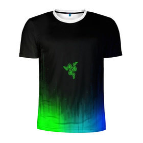 Мужская футболка 3D спортивная с принтом RAZER NEON в Екатеринбурге, 100% полиэстер с улучшенными характеристиками | приталенный силуэт, круглая горловина, широкие плечи, сужается к линии бедра | game | razer | texture | зеленый | игровое лого | игромания | игры | рэйзер | текстуры