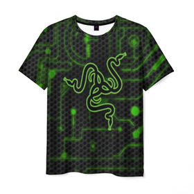 Мужская футболка 3D с принтом RAZER CARBON в Екатеринбурге, 100% полиэфир | прямой крой, круглый вырез горловины, длина до линии бедер | game | razer | texture | зеленый | игровое лого | игромания | игры | рэйзер | текстуры