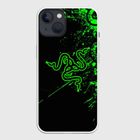 Чехол для iPhone 13 с принтом RAZER в Екатеринбурге,  |  | game | razer | texture | зеленый | игровое лого | игромания | игры | рэйзер | текстуры