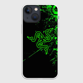 Чехол для iPhone 13 mini с принтом RAZER в Екатеринбурге,  |  | game | razer | texture | зеленый | игровое лого | игромания | игры | рэйзер | текстуры