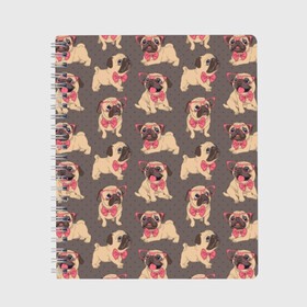Тетрадь с принтом Мопсы в Екатеринбурге, 100% бумага | 48 листов, плотность листов — 60 г/м2, плотность картонной обложки — 250 г/м2. Листы скреплены сбоку удобной пружинной спиралью. Уголки страниц и обложки скругленные. Цвет линий — светло-серый
 | animals | bow tie | breed | different | dogs | illustration | painting | pink | poses | pugs | puppies | галстук бабочка | живопись | животные | иллюстрация | мопсы | очки | позы | порода | разные | розовые | собаки | щенки