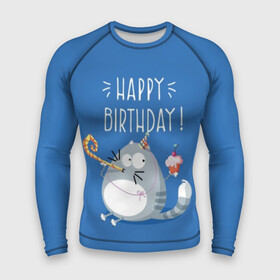 Мужской рашгард 3D с принтом Happy birthday в Екатеринбурге,  |  | berry | birthday | cake | cap | cat | cherry | gray | holds | holiday | inscription | party | sits | striped | sweetness | вечеринка | вишня | день рождения | держит | колпак | кот | надпись | пирожное | полосатый | праздник | серый | сидит | сладость | я