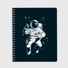 Тетрадь с принтом Космонавт в Екатеринбурге, 100% бумага | 48 листов, плотность листов — 60 г/м2, плотность картонной обложки — 250 г/м2. Листы скреплены сбоку удобной пружинной спиралью. Уголки страниц и обложки скругленные. Цвет линий — светло-серый
 | astronaut | flies | glare | open | planets | reflection | sky | space | space suit | stars | sun | universe | астронавт | блики | вселенная | звёзды | космонавт | космос | летит | небо | открытый | отражение | планеты | скафандр | солнце