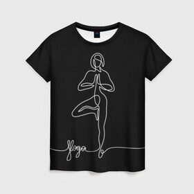 Женская футболка 3D с принтом Йога в Екатеринбурге, 100% полиэфир ( синтетическое хлопкоподобное полотно) | прямой крой, круглый вырез горловины, длина до линии бедер | black and white | culture | girl | graphics | indian | line | meditation | pose | yoga | графика | девушка | индийская | йога | культура | линия | медитация | черно белая