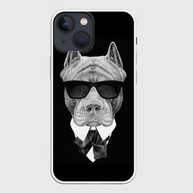 Чехол для iPhone 13 mini с принтом Питбуль в Екатеринбурге,  |  | animals | black | black and white | cool | dog | fight | gentleman | head | illustration | pitbull | swag | white | авторитет | белая | бойцовый | галстук бабочка | голова | джентльмен | животные | иллюстрация | костюм | крутой | очки | 