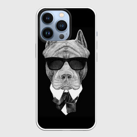 Чехол для iPhone 13 Pro с принтом Питбуль в Екатеринбурге,  |  | animals | black | black and white | cool | dog | fight | gentleman | head | illustration | pitbull | swag | white | авторитет | белая | бойцовый | галстук бабочка | голова | джентльмен | животные | иллюстрация | костюм | крутой | очки | 