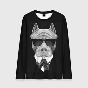 Мужской лонгслив 3D с принтом Питбуль в Екатеринбурге, 100% полиэстер | длинные рукава, круглый вырез горловины, полуприлегающий силуэт | animals | black | black and white | cool | dog | fight | gentleman | head | illustration | pitbull | swag | white | авторитет | белая | бойцовый | галстук бабочка | голова | джентльмен | животные | иллюстрация | костюм | крутой | очки | 