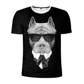 Мужская футболка 3D спортивная с принтом Питбуль в Екатеринбурге, 100% полиэстер с улучшенными характеристиками | приталенный силуэт, круглая горловина, широкие плечи, сужается к линии бедра | animals | black | black and white | cool | dog | fight | gentleman | head | illustration | pitbull | swag | white | авторитет | белая | бойцовый | галстук бабочка | голова | джентльмен | животные | иллюстрация | костюм | крутой | очки | 