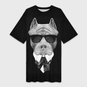 Платье-футболка 3D с принтом Питбуль в Екатеринбурге,  |  | animals | black | black and white | cool | dog | fight | gentleman | head | illustration | pitbull | swag | white | авторитет | белая | бойцовый | галстук бабочка | голова | джентльмен | животные | иллюстрация | костюм | крутой | очки | 