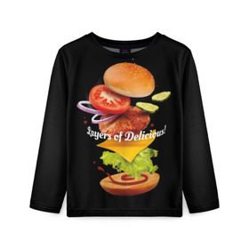 Детский лонгслив 3D с принтом Гамбургер в Екатеринбурге, 100% полиэстер | длинные рукава, круглый вырез горловины, полуприлегающий силуэт
 | Тематика изображения на принте: bun | cheese | cucumber | explosion | hamburger | ingredients | inscription | ketchup | meat | onion | salad | sesame | share | tomato | tomatoes | булочка | взрыв | гамбургер | доля | ингредиенты | кетчуп | кунжут | лук | мясо | надпись | огурец | помидо