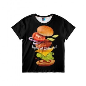 Детская футболка 3D с принтом Гамбургер в Екатеринбурге, 100% гипоаллергенный полиэфир | прямой крой, круглый вырез горловины, длина до линии бедер, чуть спущенное плечо, ткань немного тянется | Тематика изображения на принте: bun | cheese | cucumber | explosion | hamburger | ingredients | inscription | ketchup | meat | onion | salad | sesame | share | tomato | tomatoes | булочка | взрыв | гамбургер | доля | ингредиенты | кетчуп | кунжут | лук | мясо | надпись | огурец | помидо