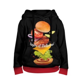 Детская толстовка 3D с принтом Гамбургер в Екатеринбурге, 100% полиэстер | двухслойный капюшон со шнурком для регулировки, мягкие манжеты на рукавах и по низу толстовки, спереди карман-кенгуру с мягким внутренним слоем | bun | cheese | cucumber | explosion | hamburger | ingredients | inscription | ketchup | meat | onion | salad | sesame | share | tomato | tomatoes | булочка | взрыв | гамбургер | доля | ингредиенты | кетчуп | кунжут | лук | мясо | надпись | огурец | помидо