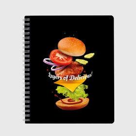 Тетрадь с принтом Гамбургер в Екатеринбурге, 100% бумага | 48 листов, плотность листов — 60 г/м2, плотность картонной обложки — 250 г/м2. Листы скреплены сбоку удобной пружинной спиралью. Уголки страниц и обложки скругленные. Цвет линий — светло-серый
 | Тематика изображения на принте: bun | cheese | cucumber | explosion | hamburger | ingredients | inscription | ketchup | meat | onion | salad | sesame | share | tomato | tomatoes | булочка | взрыв | гамбургер | доля | ингредиенты | кетчуп | кунжут | лук | мясо | надпись | огурец | помидо
