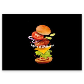 Поздравительная открытка с принтом Гамбургер в Екатеринбурге, 100% бумага | плотность бумаги 280 г/м2, матовая, на обратной стороне линовка и место для марки
 | bun | cheese | cucumber | explosion | hamburger | ingredients | inscription | ketchup | meat | onion | salad | sesame | share | tomato | tomatoes | булочка | взрыв | гамбургер | доля | ингредиенты | кетчуп | кунжут | лук | мясо | надпись | огурец | помидо