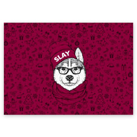 Поздравительная открытка с принтом Хаски в Екатеринбурге, 100% бумага | плотность бумаги 280 г/м2, матовая, на обратной стороне линовка и место для марки
 | animals | breed | christmas | dog | fashionable | hat | head | holiday | husky | illustration | muzzle | riding | scarf | style | голова | ездовая | животные | иллюстрация | модный | очки | порода | праздник | рождество | собака | стиль 