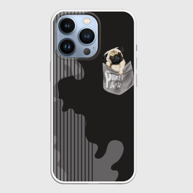 Чехол для iPhone 13 Pro с принтом Мопс в кармане в Екатеринбурге,  |  | animal | breed | dog | funny | illustration | imprint | paw | pocket | pug | puppy | sits | small | trace | животное | иллюстрация | карман | лапа | маленький | мопс | отпечаток | порода | сидит | след | смешная | собака | щенок