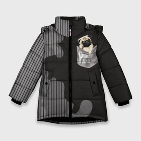 Зимняя куртка для девочек 3D с принтом Мопс в кармане в Екатеринбурге, ткань верха — 100% полиэстер; подклад — 100% полиэстер, утеплитель — 100% полиэстер. | длина ниже бедра, удлиненная спинка, воротник стойка и отстегивающийся капюшон. Есть боковые карманы с листочкой на кнопках, утяжки по низу изделия и внутренний карман на молнии. 

Предусмотрены светоотражающий принт на спинке, радужный светоотражающий элемент на пуллере молнии и на резинке для утяжки. | animal | breed | dog | funny | illustration | imprint | paw | pocket | pug | puppy | sits | small | trace | животное | иллюстрация | карман | лапа | маленький | мопс | отпечаток | порода | сидит | след | смешная | собака | щенок