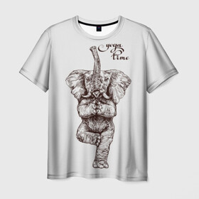 Мужская футболка 3D с принтом Yoga time в Екатеринбурге, 100% полиэфир | прямой крой, круглый вырез горловины, длина до линии бедер | Тематика изображения на принте: animal | culture | elephant | graphics | india | indian | meditation | posture | stand | yoga | графика | животное | индийский | индия | йога | культура | медитация | слон | стойка
