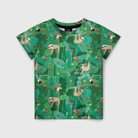 Детская футболка 3D с принтом Ленивцы в Екатеринбурге, 100% гипоаллергенный полиэфир | прямой крой, круглый вырез горловины, длина до линии бедер, чуть спущенное плечо, ткань немного тянется | Тематика изображения на принте: animal | birds | branches | cute | flowers | forest | hang | jungle | sloths | toucans | trees | tropical | ветки | висят | деревья | джунгли | животное | ленивцы | лес | милые | птицы | тропический | туканы | цветы