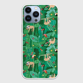 Чехол для iPhone 13 Pro Max с принтом Ленивцы в Екатеринбурге,  |  | animal | birds | branches | cute | flowers | forest | hang | jungle | sloths | toucans | trees | tropical | ветки | висят | деревья | джунгли | животное | ленивцы | лес | милые | птицы | тропический | туканы | цветы