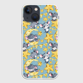 Чехол для iPhone 13 mini с принтом Сыр и мыши в Екатеринбурге,  |  | animals | blue | cheese | cute mice | flags | garlands | mice | month | rodents | sky | stars | гирлянды | голубое | грызуны | животные | звезды | месяц | милые | мышата | мыши | небо | сыр | флажки