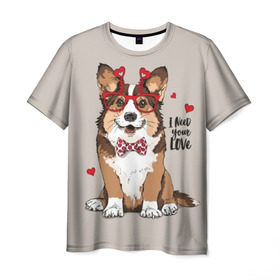 Мужская футболка 3D с принтом I need your love в Екатеринбурге, 100% полиэфир | прямой крой, круглый вырез горловины, длина до линии бедер | Тематика изображения на принте: animal | bow tie | breed | corgi | cute | dog | funny | hearts | holiday | pembroke | polka dot | red | saint | valentine | валентина | вельш корги | галстук бабочка | горошек | день | животное | красный | любовь | милая | очки | пемброк | пород