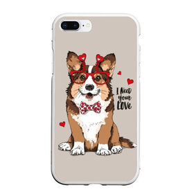 Чехол для iPhone 7Plus/8 Plus матовый с принтом I need your love в Екатеринбурге, Силикон | Область печати: задняя сторона чехла, без боковых панелей | animal | bow tie | breed | corgi | cute | dog | funny | hearts | holiday | pembroke | polka dot | red | saint | valentine | валентина | вельш корги | галстук бабочка | горошек | день | животное | красный | любовь | милая | очки | пемброк | пород