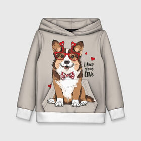 Детская толстовка 3D с принтом I need your love в Екатеринбурге, 100% полиэстер | двухслойный капюшон со шнурком для регулировки, мягкие манжеты на рукавах и по низу толстовки, спереди карман-кенгуру с мягким внутренним слоем | Тематика изображения на принте: animal | bow tie | breed | corgi | cute | dog | funny | hearts | holiday | pembroke | polka dot | red | saint | valentine | валентина | вельш корги | галстук бабочка | горошек | день | животное | красный | любовь | милая | очки | пемброк | пород