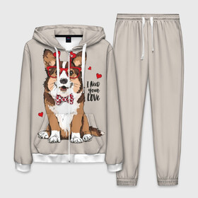 Мужской костюм 3D с принтом I need your love в Екатеринбурге, 100% полиэстер | Манжеты и пояс оформлены тканевой резинкой, двухслойный капюшон со шнурком для регулировки, карманы спереди | Тематика изображения на принте: animal | bow tie | breed | corgi | cute | dog | funny | hearts | holiday | pembroke | polka dot | red | saint | valentine | валентина | вельш корги | галстук бабочка | горошек | день | животное | красный | любовь | милая | очки | пемброк | пород